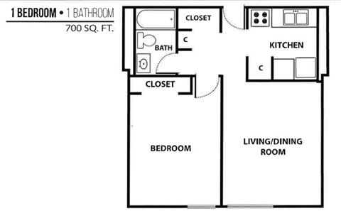 A floor plan of a 700 square foot one bedroom apartment with a living/dining room, kitchen, and bathroom.